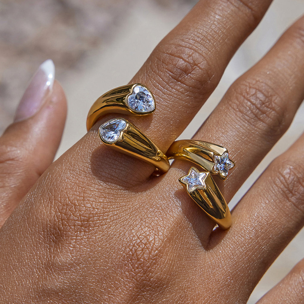 Anel Aberto Dourado Coração e Estrela – Atelier 21